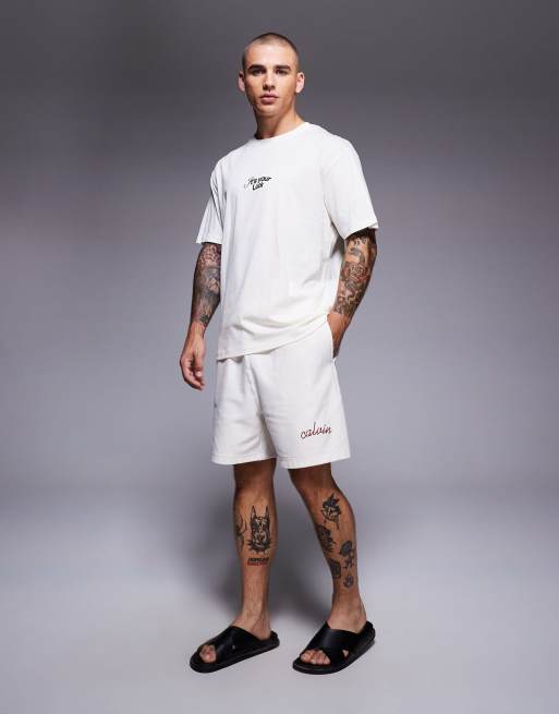 Calvin Klein Jeans premium stitch logo shorts in cream, 2 of 5
