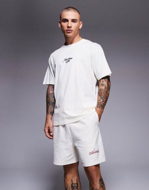 Calvin Klein Jeans premium stitch logo shorts in cream, 4 of 5