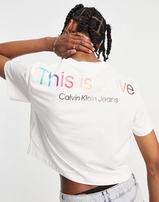 Calvin Klein Jeans pride capsule cropped slogan t-shirt in white