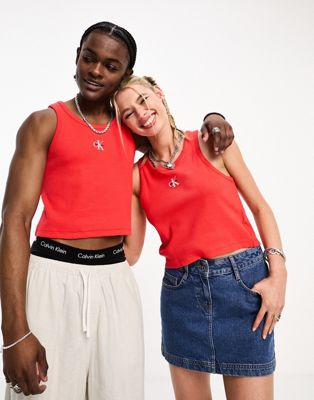 Calvin Klein Jeans Pride Unisex monogram logo slim fit tank top in red - ASOS Price Checker