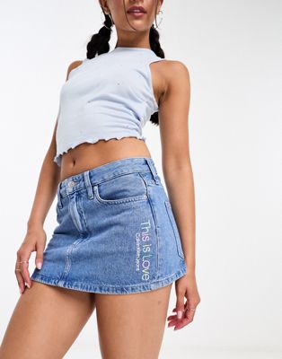 Calvin Klein Jeans Pride denim micro mini skirt in light wash blue | ASOS