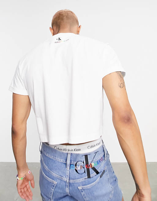 Calvin Klein Jeans – Pride – Kurz geschnittenes T-Shirt in Weiß mit großem  Logo auf der Brust | ASOS