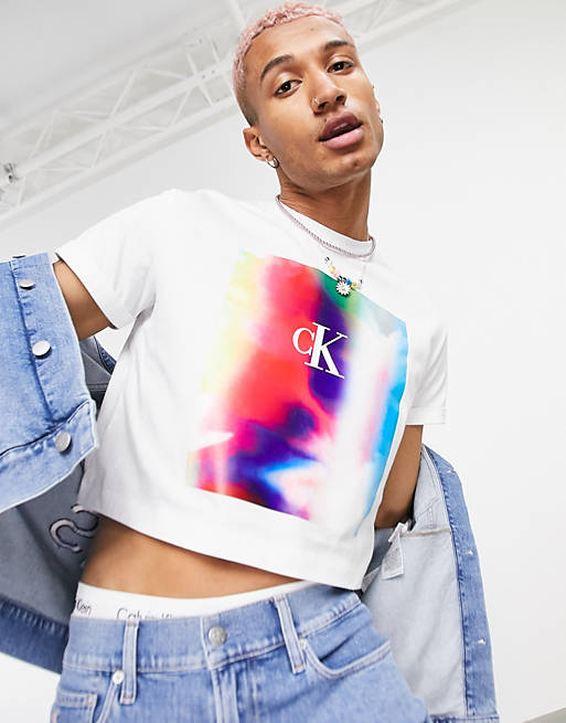 Calvin Klein Jeans Pride large chest logo crop t-shirt in white
