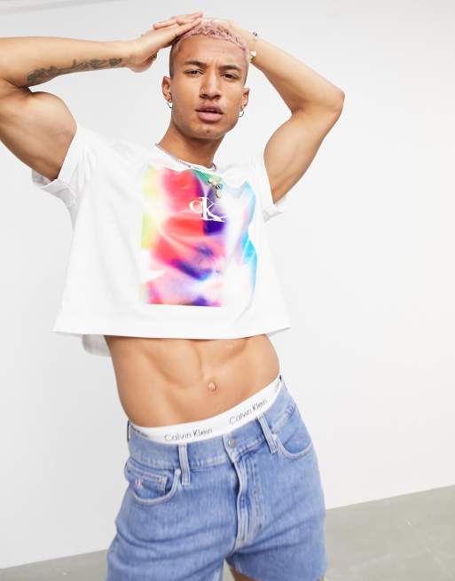 Great Barrier Reef Rot Het formulier Calvin Klein Jeans Pride large chest logo crop t-shirt in white | ASOS