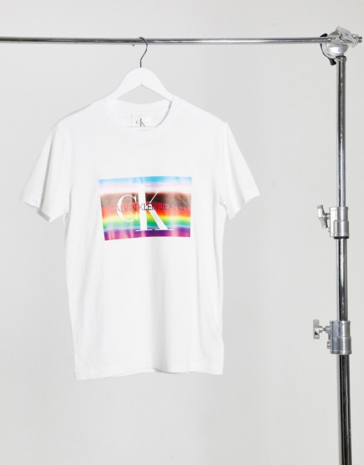 Calvin Klein Jeans Pride large rainbow flag logo slim fit t-shirt in white
