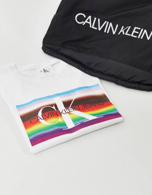 Calvin Klein Jeans Pride large rainbow flag logo slim fit t-shirt in white  | ASOS