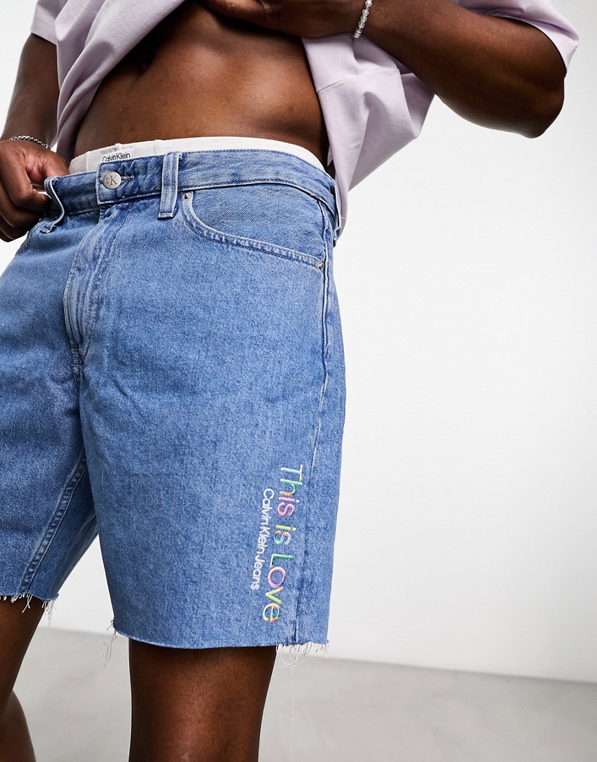 Calvin Klein Jeans Pride mid thigh denim shorts in light wash blue