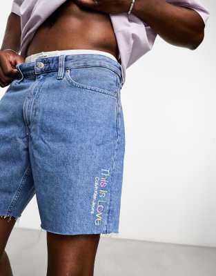 Calvin Klein Jeans Pride mid thigh denim shorts in light wash blue - ASOS Price Checker