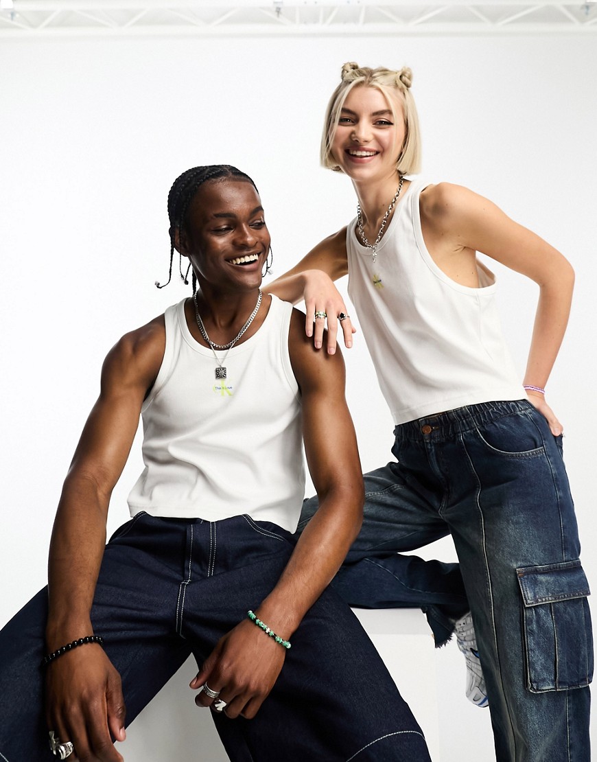 Calvin Klein Jeans Pride Unisex monogram logo slim fit tank top in white