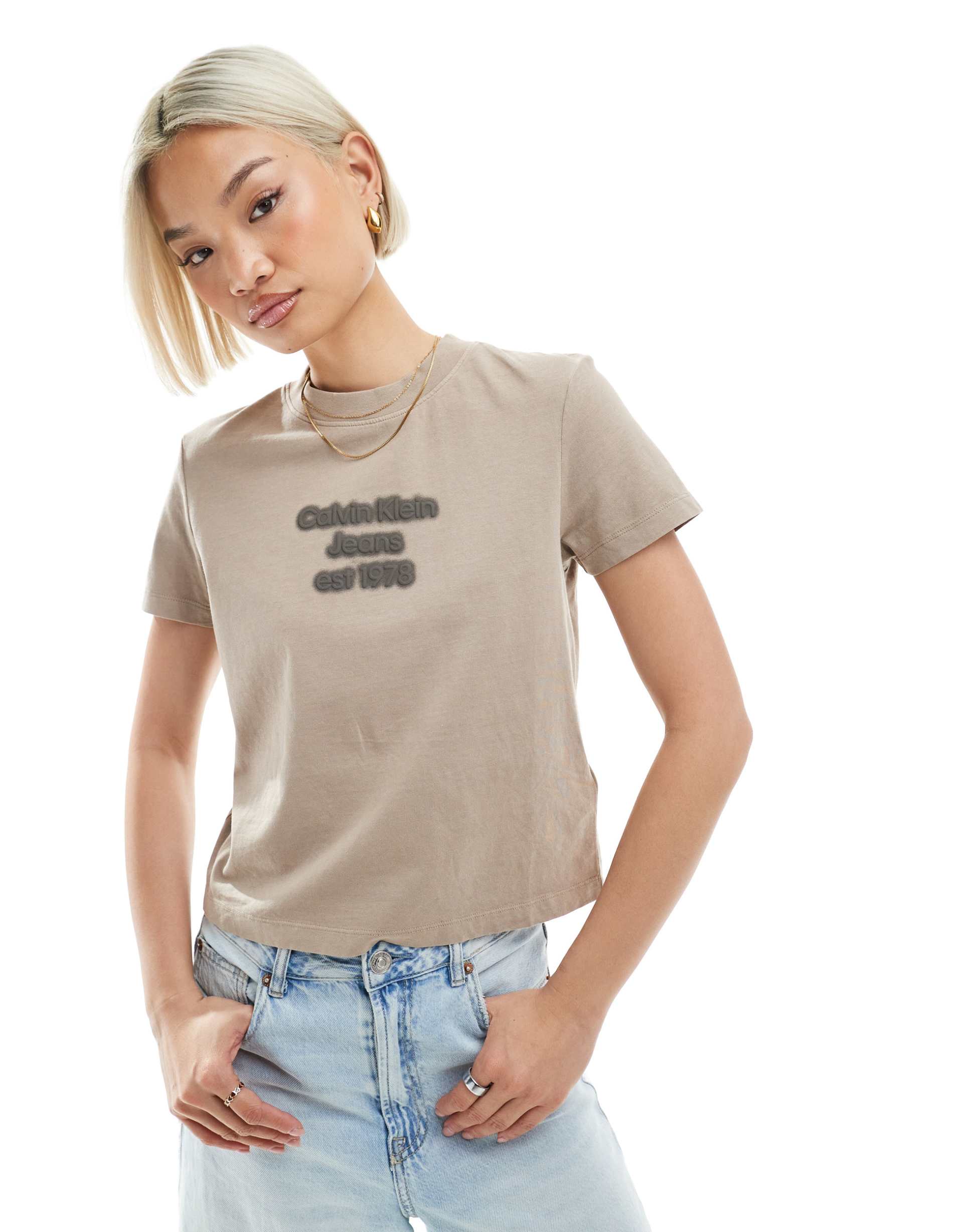 calvin klein jeans puff logo baby t-shirt in washed taupe