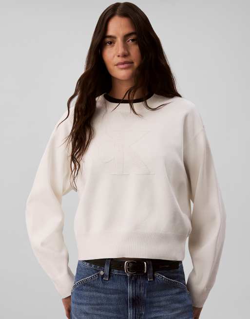 Calvin Klein Jeans pull en maille texturée à monogramme couleur tofu, 3 de 6