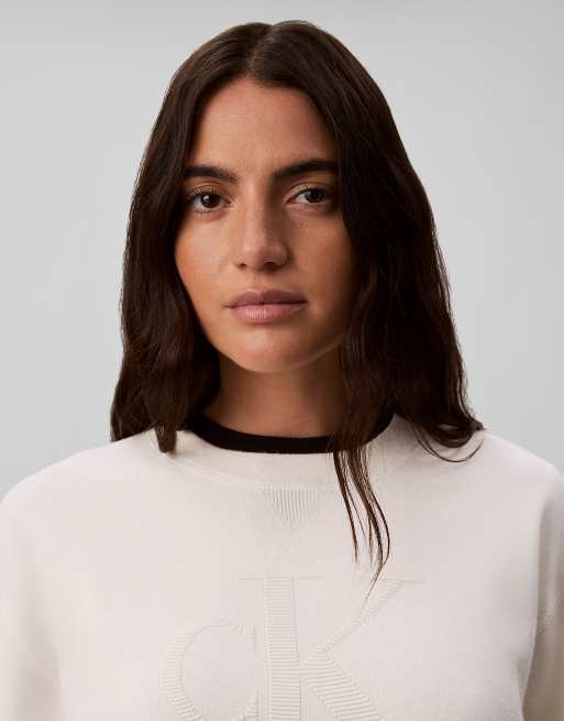 Calvin Klein Jeans pull en maille texturée à monogramme couleur tofu, 5 de 6
