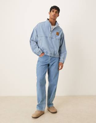 pull over half zip jacket in light wash denim-Blue