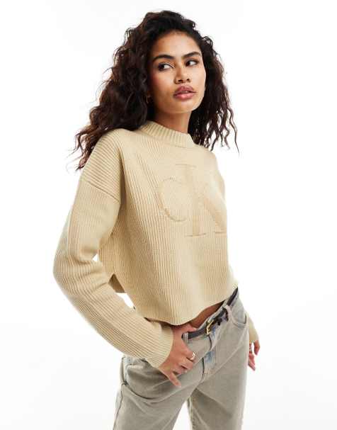Calvin Klein Jeans – Pullover in Beige mit farblich abgestimmtem Logo - view 1