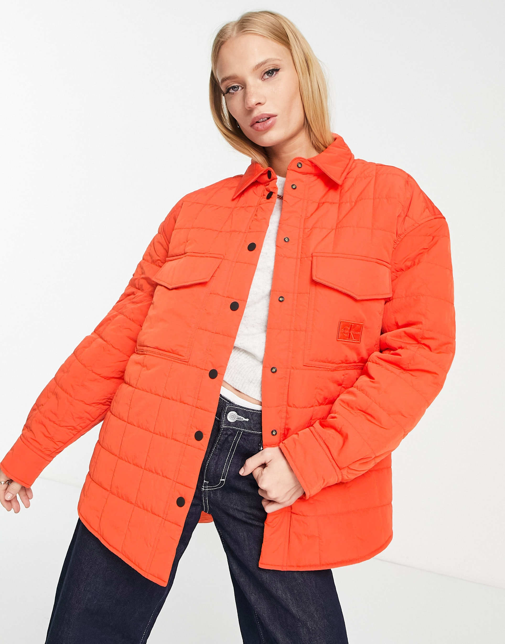 Calvin Klein Jeans quilted oversized shacket in coral orange view 2