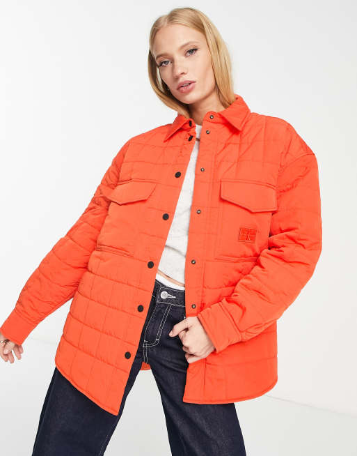 Calvin Klein Jeans quilted oversized shacket in coral orange