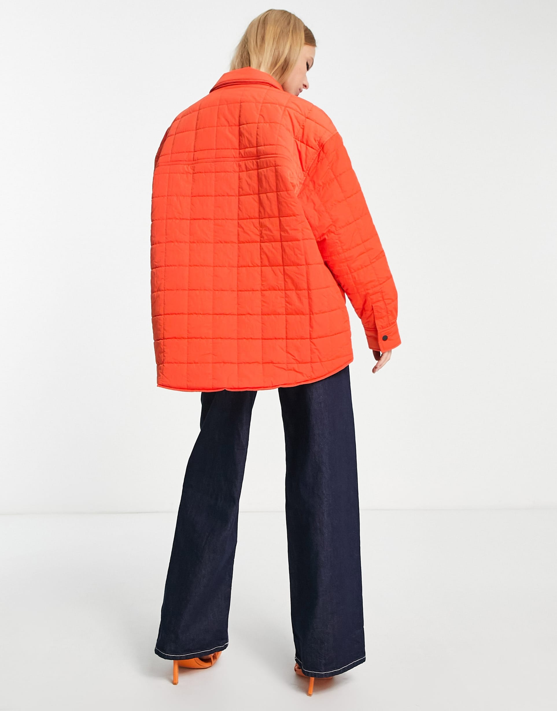 Calvin Klein Jeans quilted oversized shacket in coral orange view 3