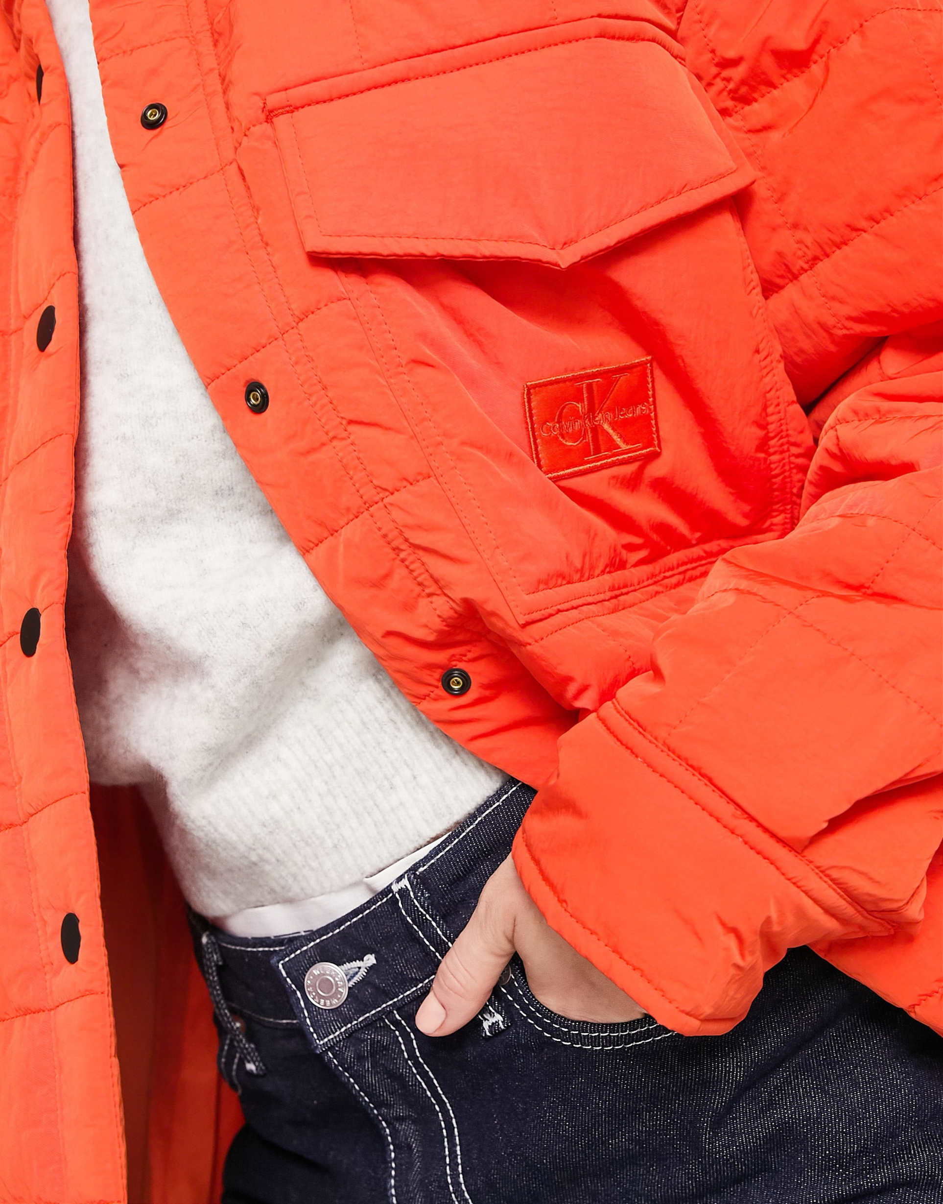 Calvin Klein Jeans quilted oversized shacket in coral orange view 4