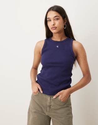 Calvin Klein Jeans - Racer-T-Shirt in Marineblau mit Waffelstruktur und Monogramm-Logo