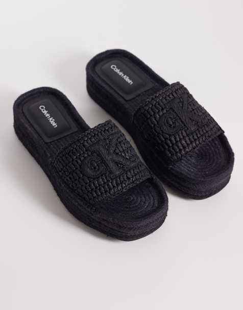Calvin Klein Jeans raffia effect flatform espadrille sandals in black - view 1