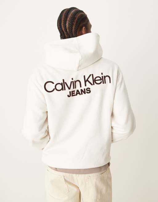 Calvin Klein Jeans - Råhvid hættetrøje med logoprint på ryggen - Kun hos ASOS, 2 af 4