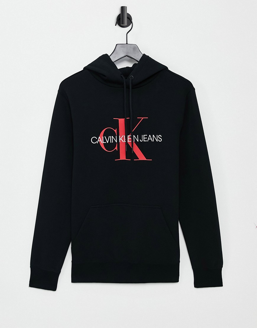 Calvin Klein Jeans red monogram logo hoodie in black