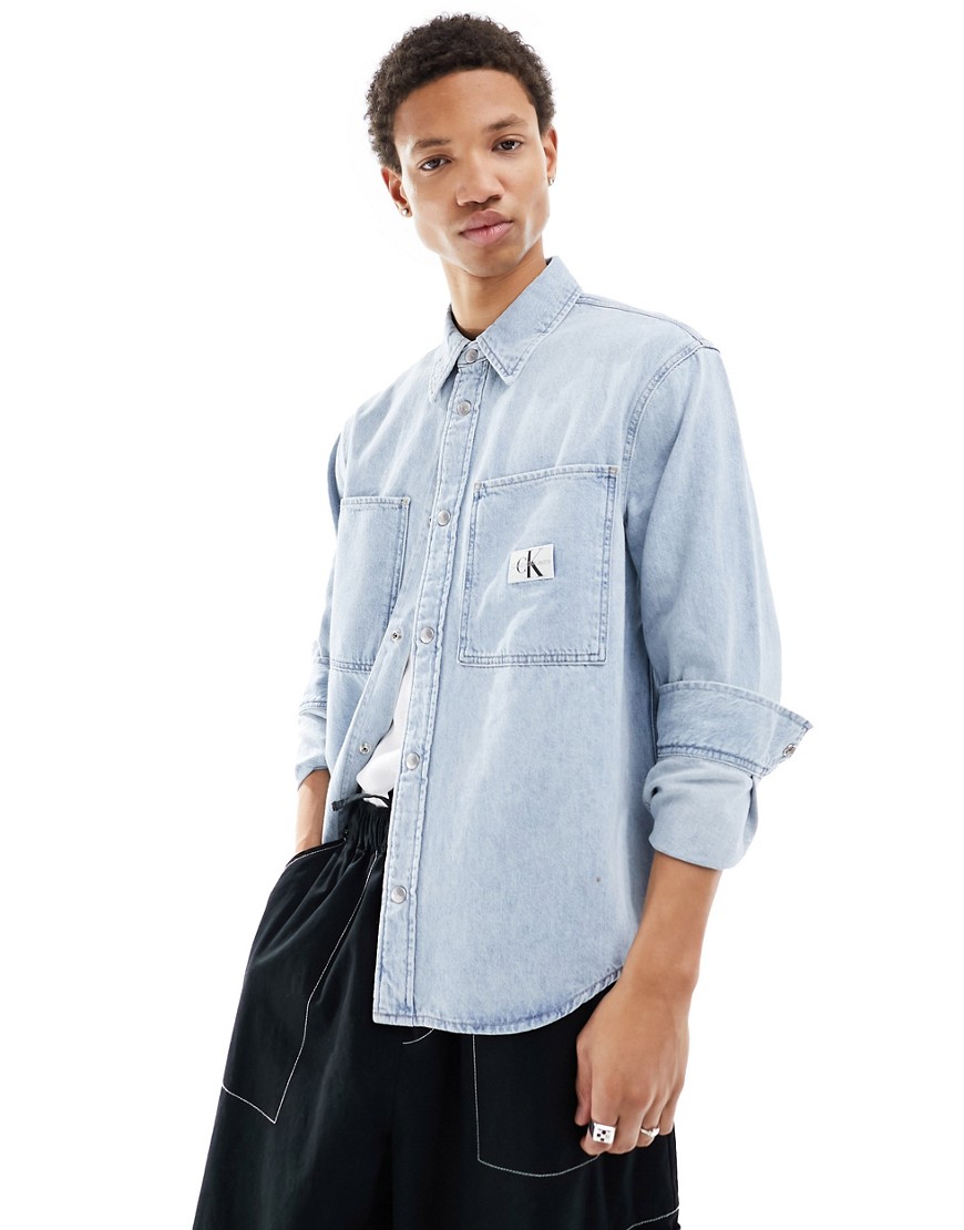 Calvin Klein Jeans regular linear shirt in light wash-Blue