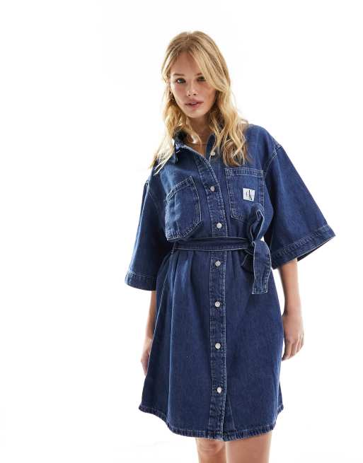 Calvin Klein Jeans Relaxed Belted Denim Shirt Dress in Denim Light