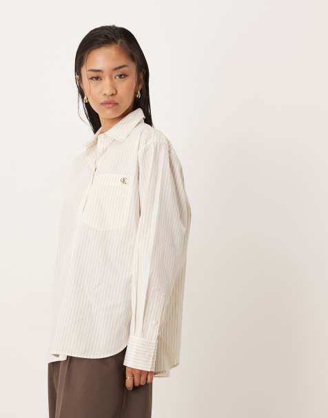 Calvin Klein Jeans relaxed cotton poplin shirt in natural stripe  - view 1