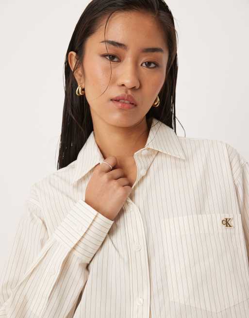 Calvin Klein Jeans relaxed cotton poplin shirt in natural stripe, 2 of 4