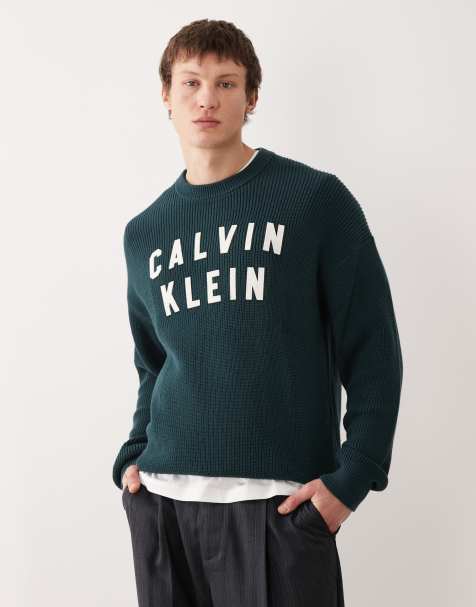 Calvin Klein Jeans relaxed fit cotton knit jumper in moss green - view 1