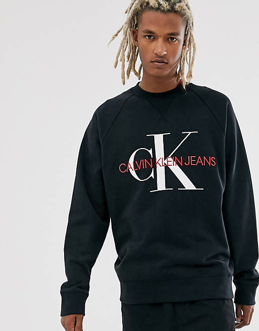Calvin Klein Jeans relaxed fit sweatshirt in black with monogram chest ...