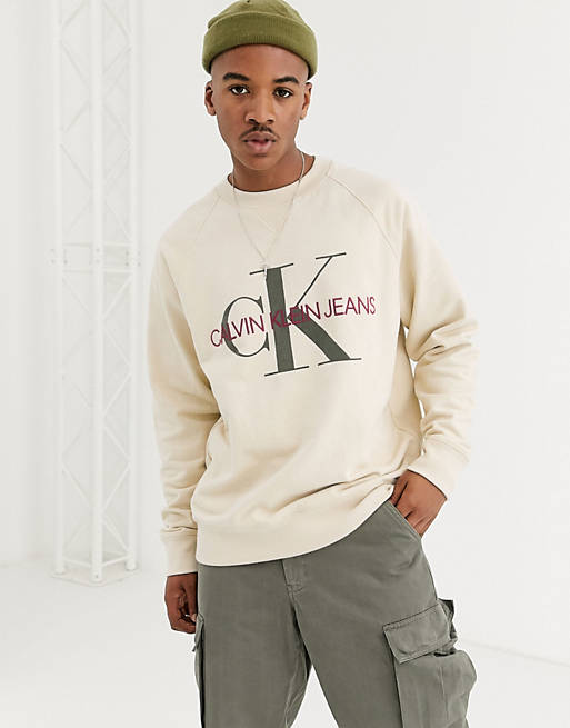 Calvin Klein Jeans relaxed fit sweatshirt in cream with monogram chest logo  | ASOS