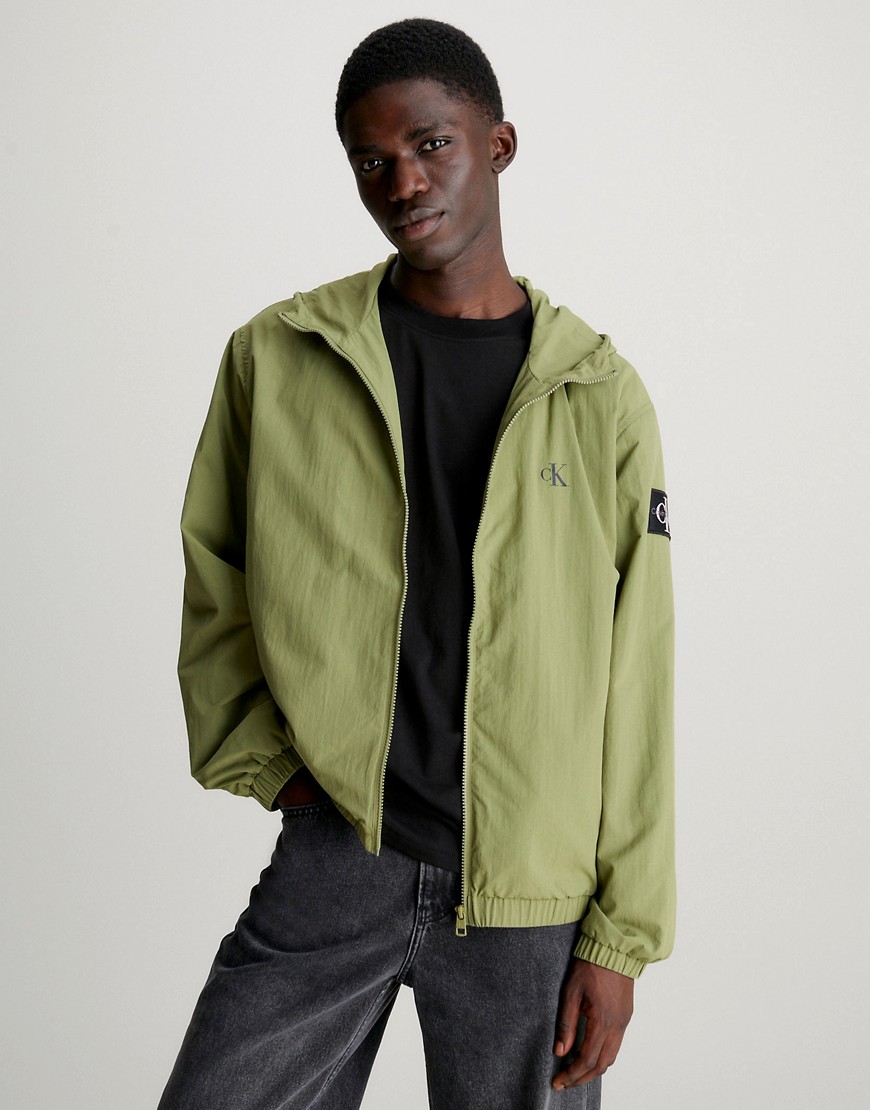 Calvin Klein Jeans Relaxed Hooded Nylon Windbreaker in Dark Juniper-Green