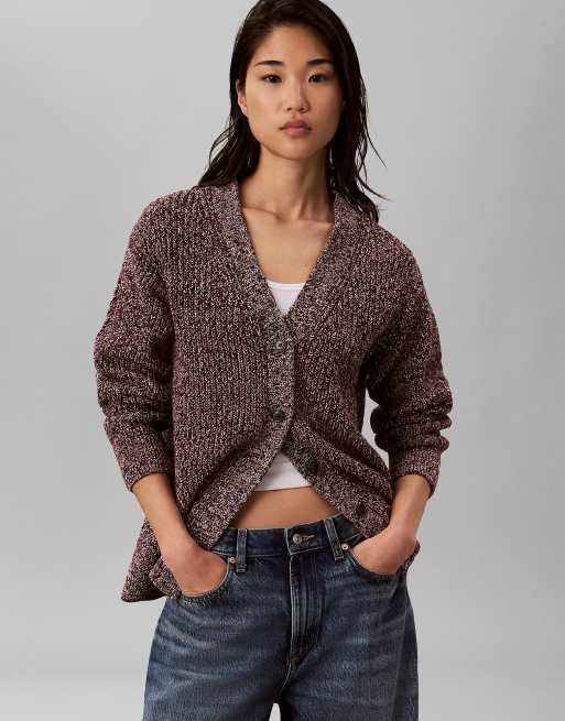 Calvin Klein Jeans Relaxed mouline cardigan in rhododendron, 3 of 6