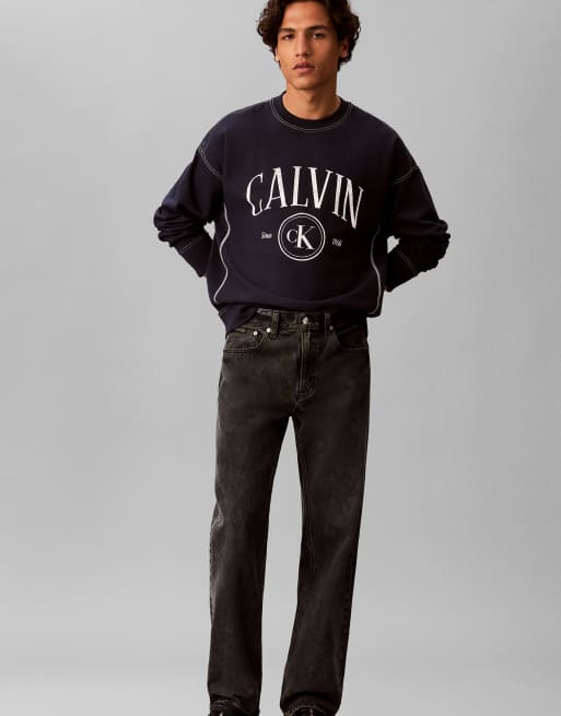 Calvin Klein Jeans Relaxed terry logo graphic sweatshirt in dark sapphire, 2 of 6