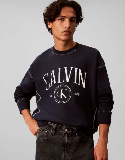 Calvin Klein Jeans Relaxed terry logo graphic sweatshirt in dark sapphire, 3 of 6
