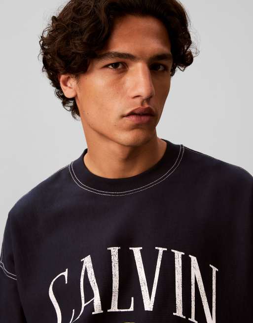 Calvin Klein Jeans Relaxed terry logo graphic sweatshirt in dark sapphire, 5 of 6
