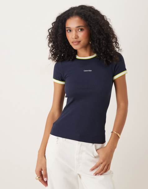 Calvin Klein Jeans retro ringer t-shirt in navy and yellow