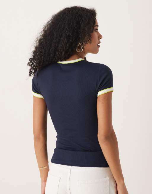 Calvin Klein Jeans retro ringer t-shirt in navy and yellow, 2 of 4