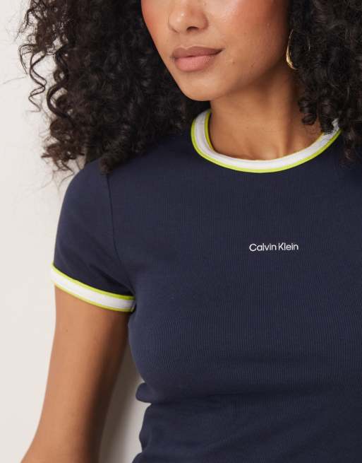 Calvin Klein Jeans retro ringer t-shirt in navy and yellow, 3 of 4