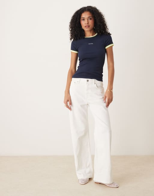 Calvin Klein Jeans retro ringer t-shirt in navy and yellow, 4 of 4