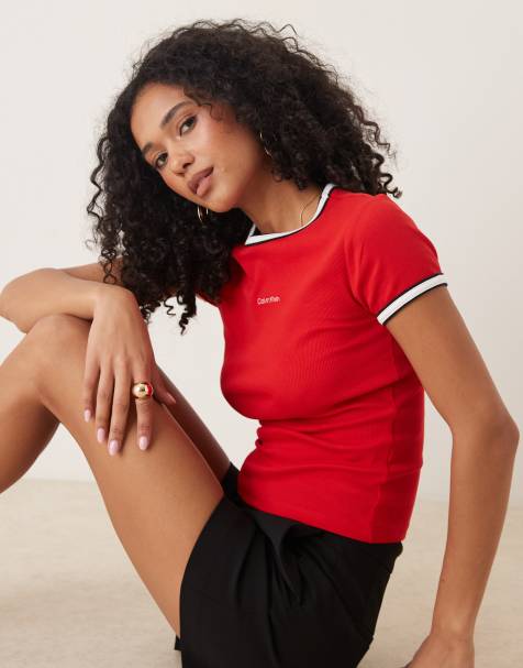 Calvin Klein Jeans - Retro ringer-T-shirt in rood en marineblauw - view 1