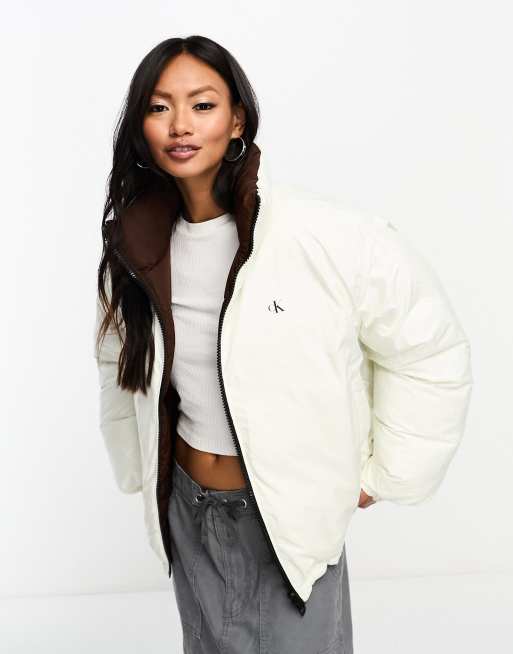 Calvin Klein Jeans reversible 90s puffer jacket in white brown