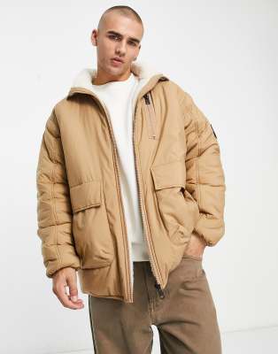 Calvin Klein Jeans reversible sherpa borg long parka jacket in off white/camel