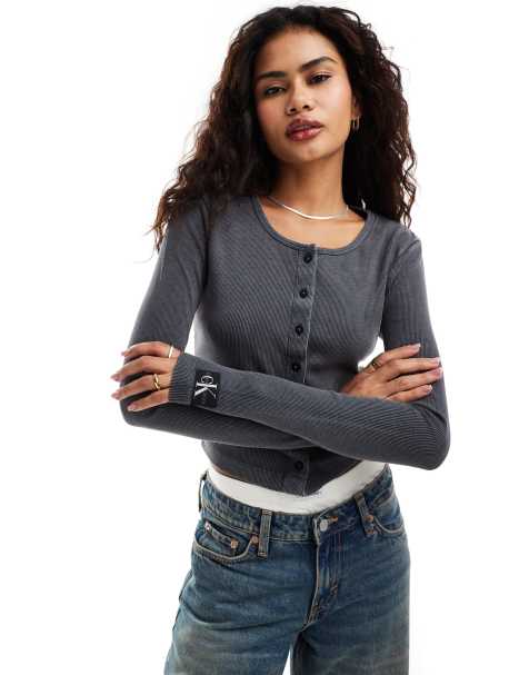 Calvin Klein Jeans rib cardigan in washed black - view 1