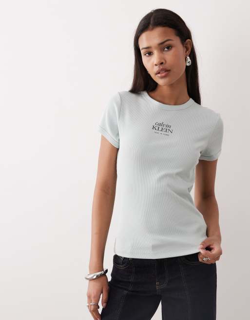 Calvin Klein Jeans rib logo baby tee in pale green, 2 of 4