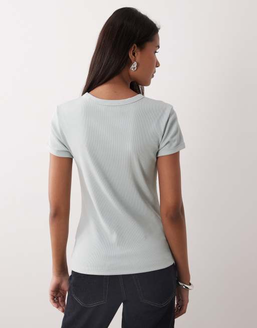 Calvin Klein Jeans rib logo baby tee in pale green, 3 of 4