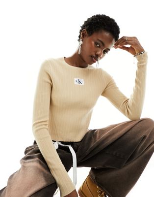 Calvin Klein Jeans ribbed easy sweater in sand-Neutral