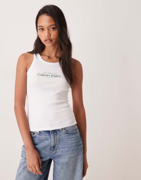 Calvin Klein Jeans ribbed graphic logo tank in white